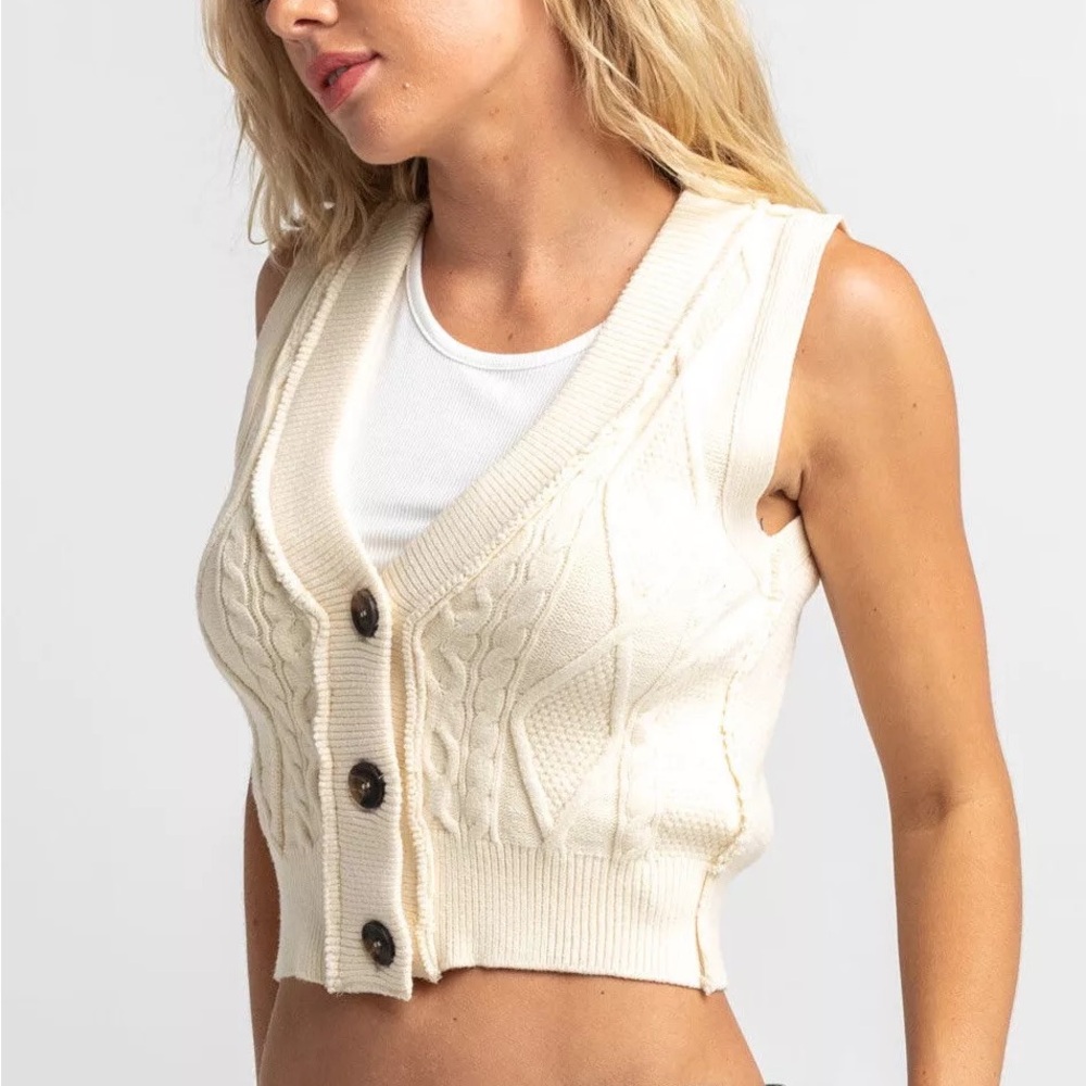 Free People Sweater Vest Womens L Denson Cable Ivory
